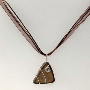 Italian Wire Wrapped Tile Necklace from Sicily, Brown, 16" Adj. Brown Cord